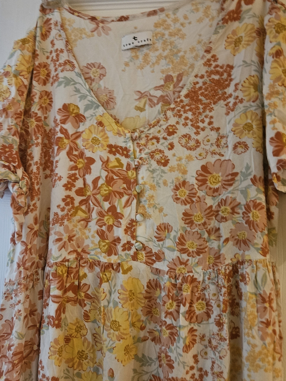 True Craft Boho Cottagecore Cream Midi Dress Orange Oversize Yellow Floral Print - Picture 3 of 11